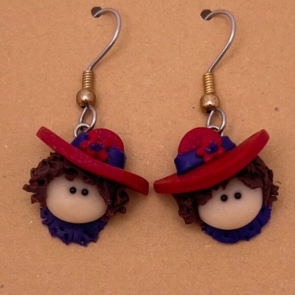 Red Hat Society Dangle Earrings Vintage Lady Head Polymer Clay - Picture 6 of 6
